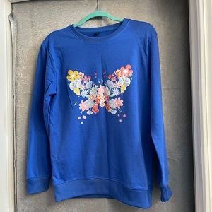 Royal blue sweatshirt with floral butterfly, size M